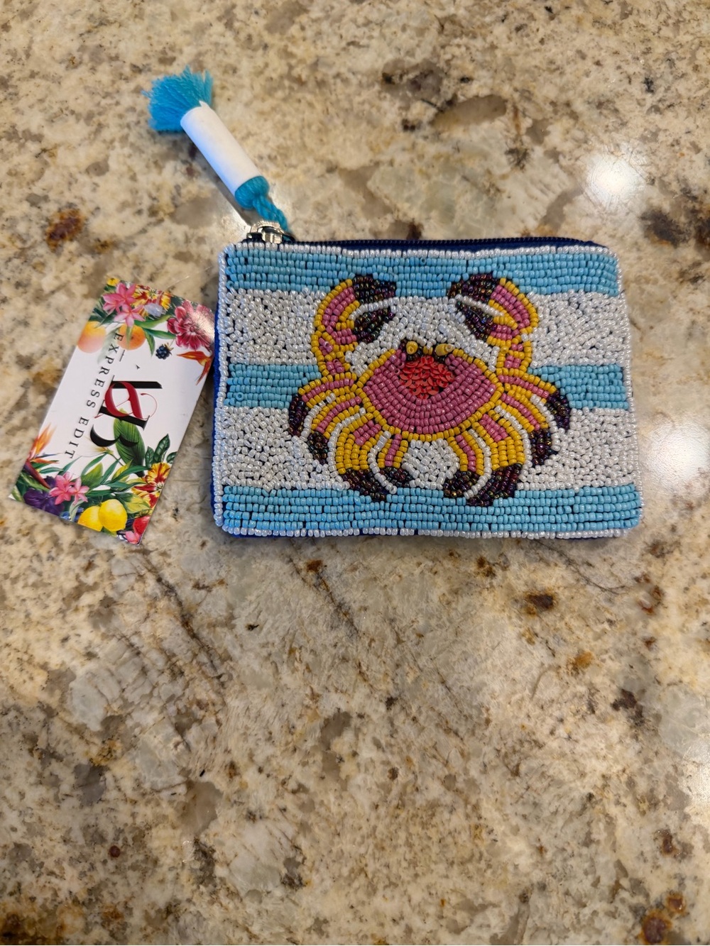 Beaded Crab Coin Pouch - Blue, Pink & Yellow